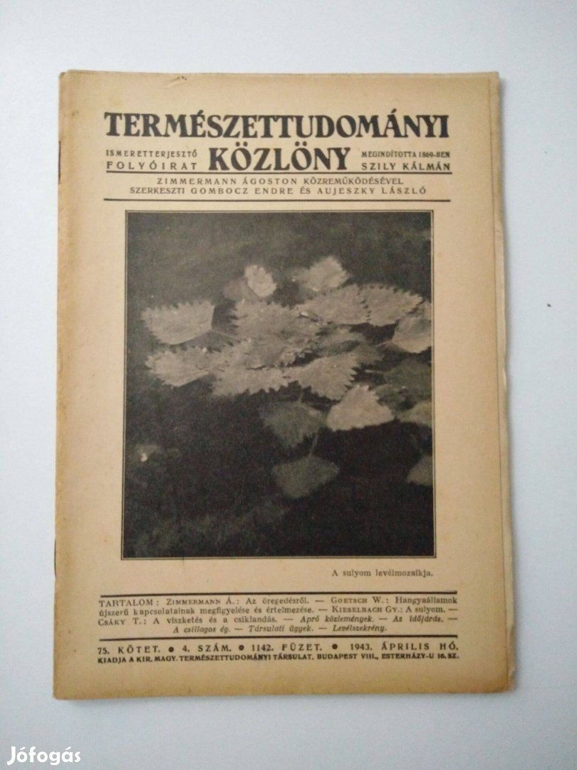 Természettudományi Közlöny 1943 április /75. kötet 4. szám 1142. füzet