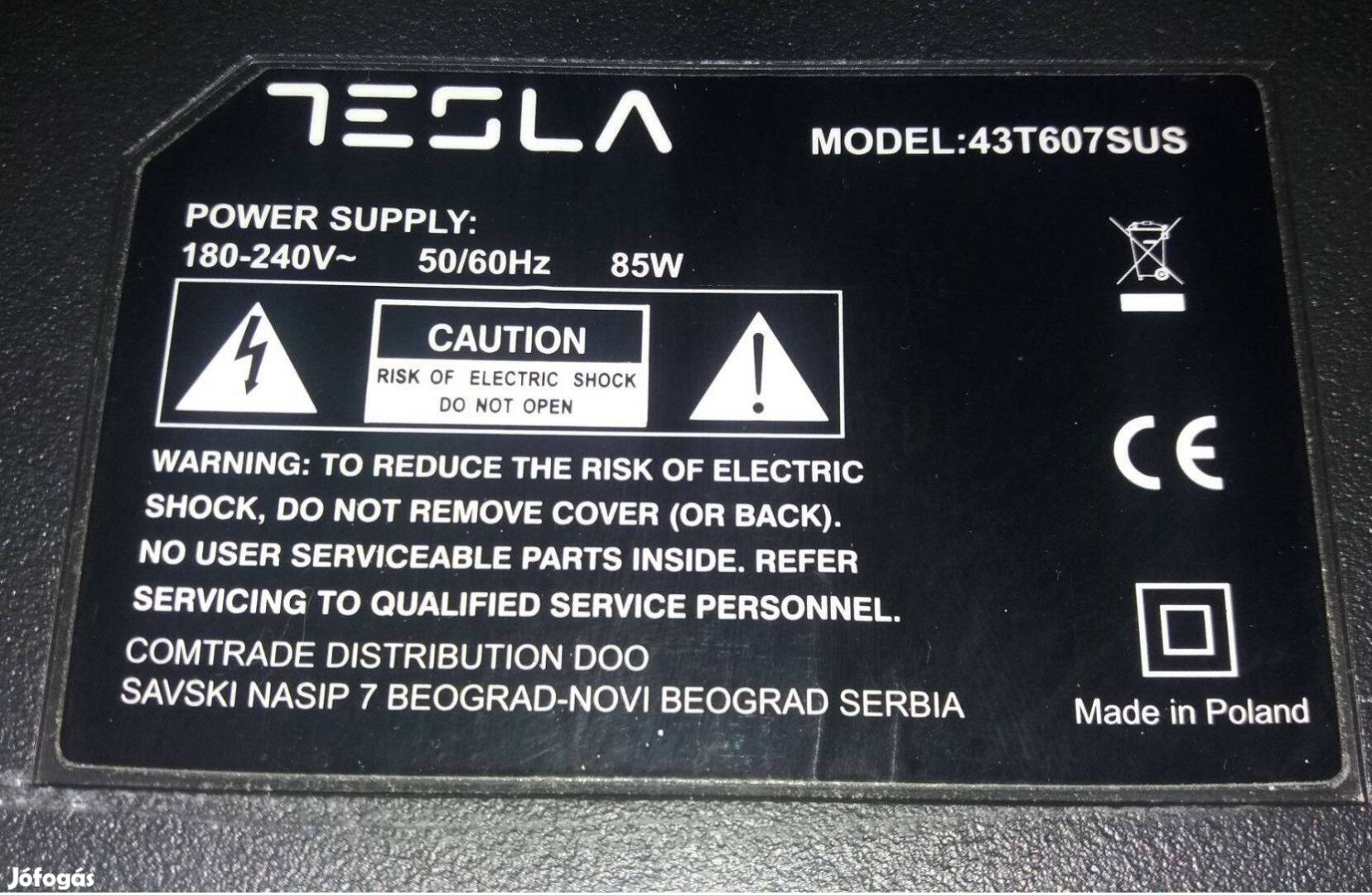 Tesla 43T607SUS LED LCD 4K UHD tv hibás törött alkatrésznek Smart