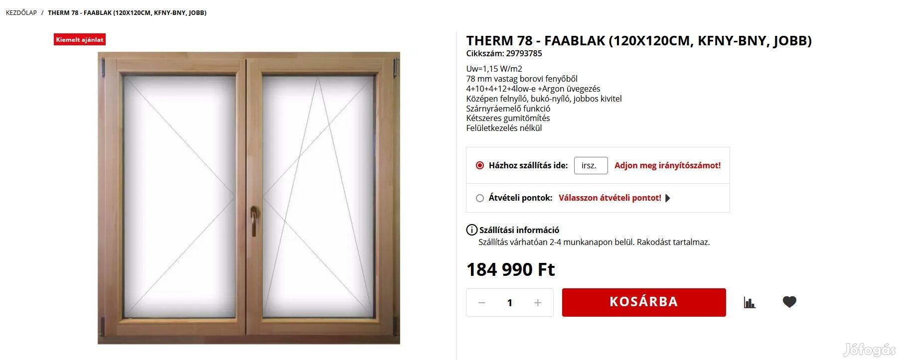 Therm78 120x120 kétszárnyú bukónyíló hőszigetelt faablak