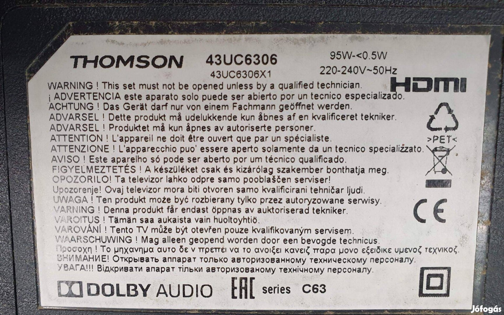 Thomson 43UC6306 LED LCD tv hibás törött alkatrésznek táp,tcon elkelt