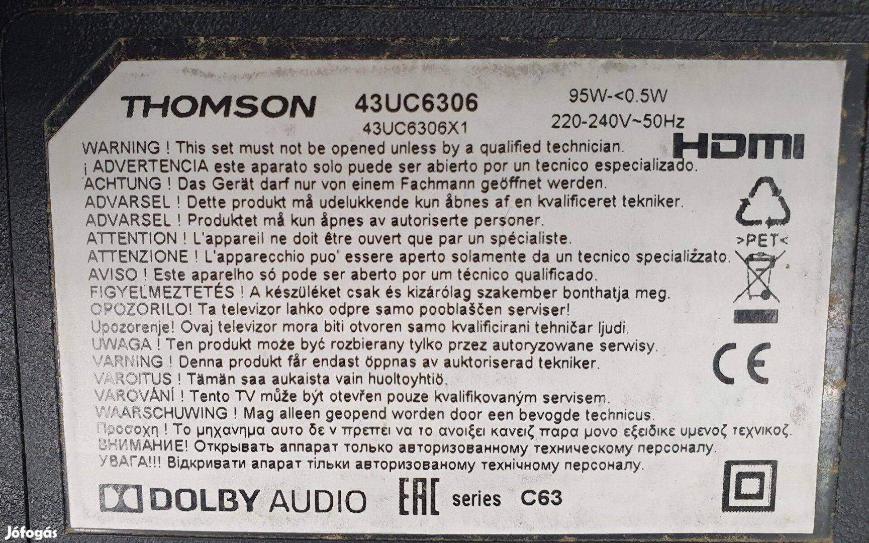 Thomson 43UC6306 LED LCD tv hibás törött alkatrésznek táp tcon elkelt