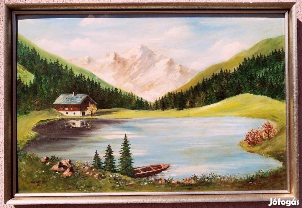 Tiroli tájkép erdei tóval, és házikóval, szignált festmény Ausztriábó
