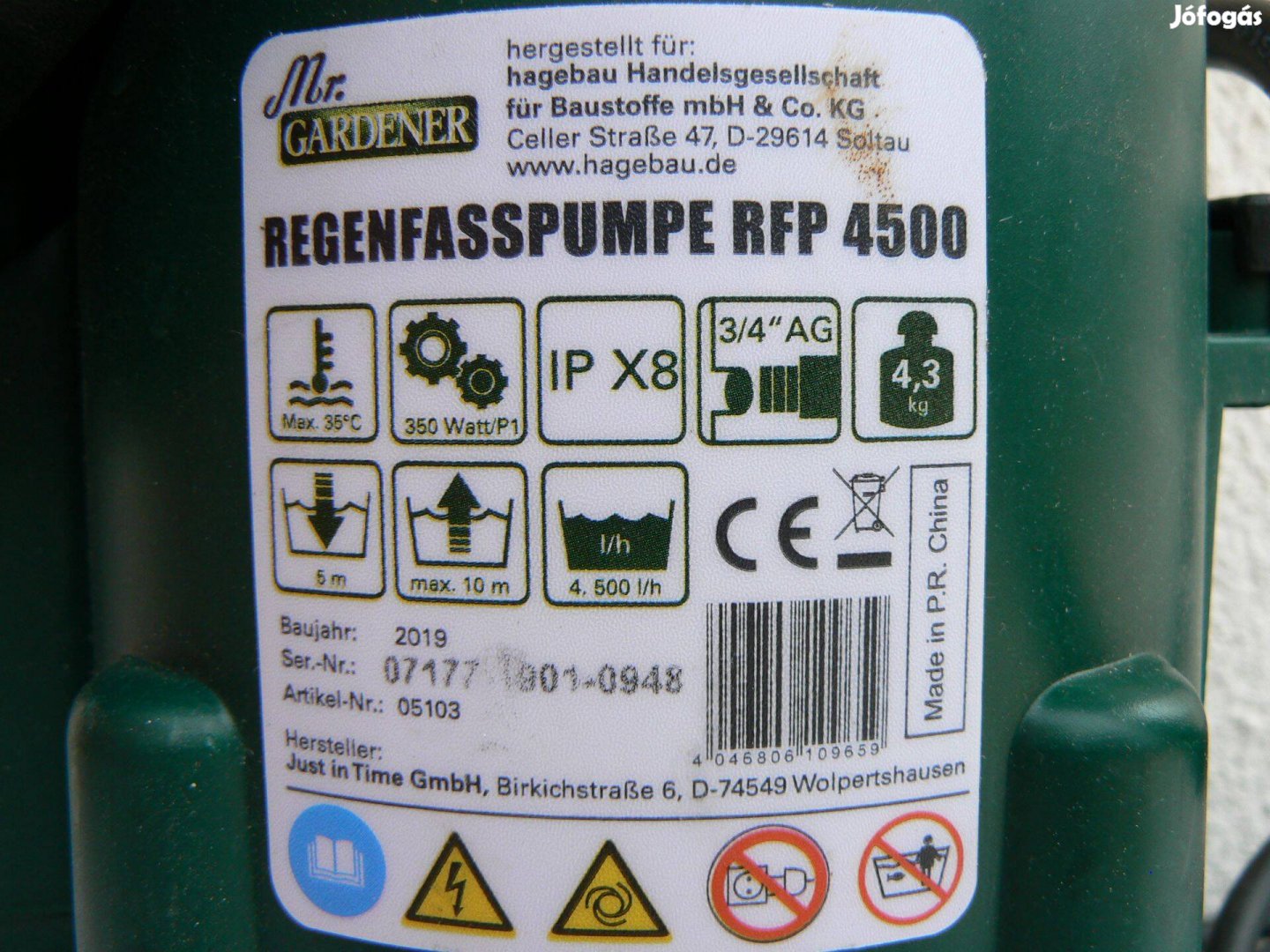 Tiszta víz szivattyú 4500literh vízhozammal, automata