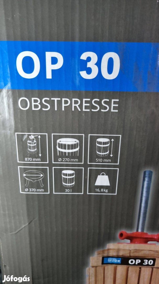 Tölgyfa léces kosárral, 30L-es szőlőprés újszerű állapotban szőlő prés