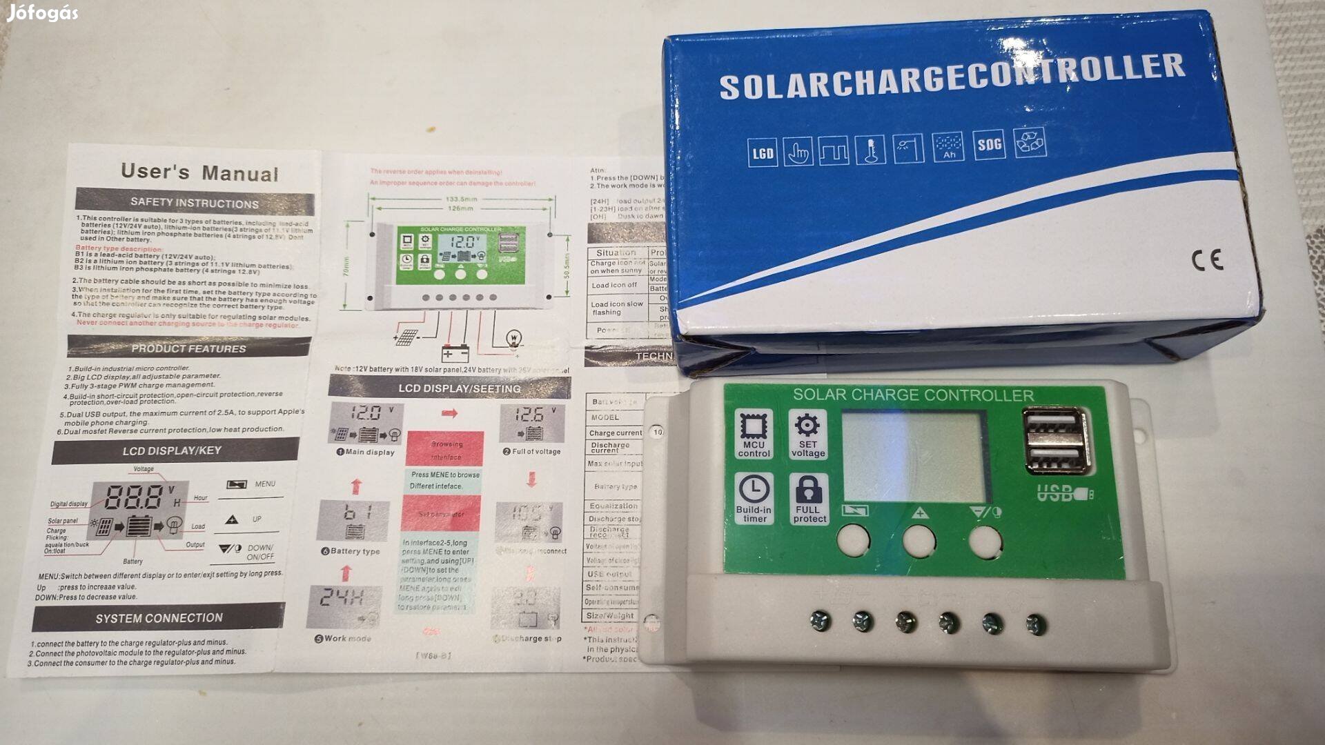 Töltésvezérlő napelem solar töltő kontroller 12/24V 30A Acid Li-ion