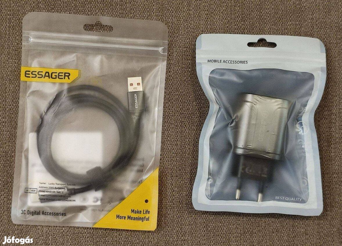 Töltő adapter, Adat- és Töltőkábel, USB - Micro USB, Új (bontatlan)