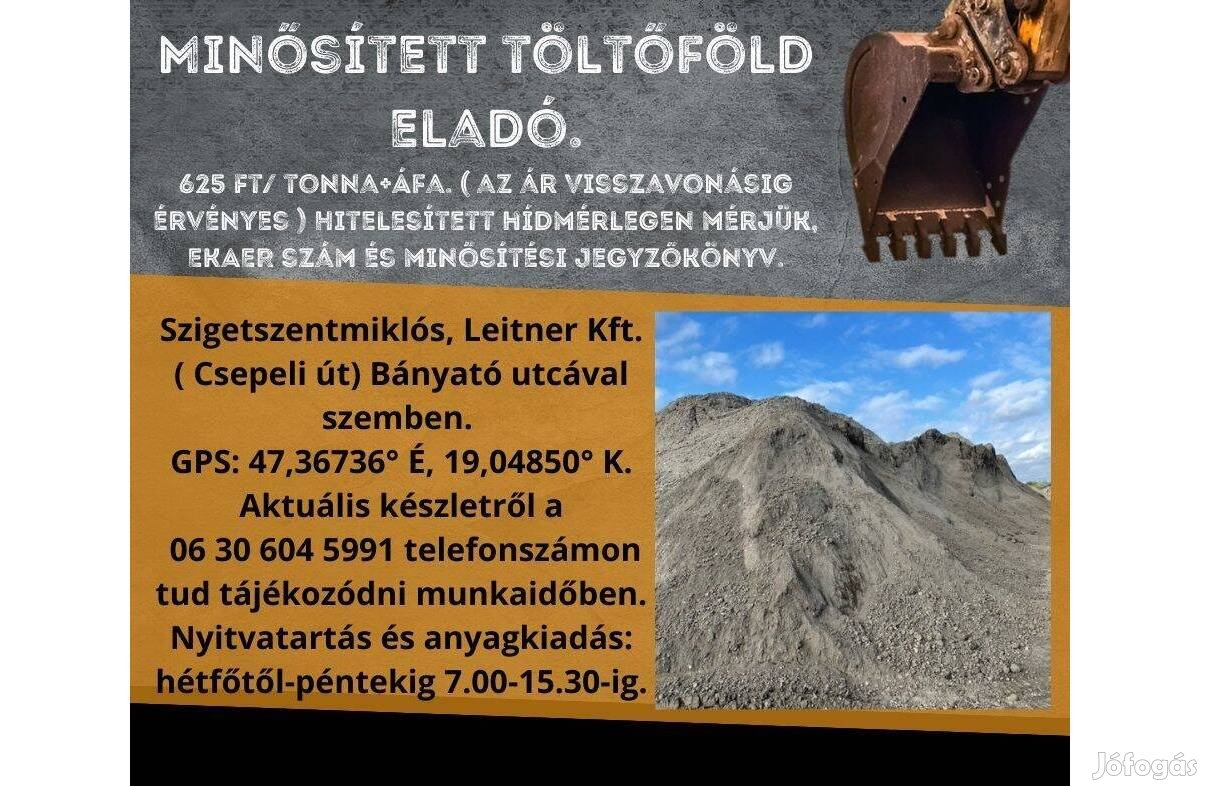 Töltőföld Eladó Szigetszentmiklós 625 Ft/tonna+áfa