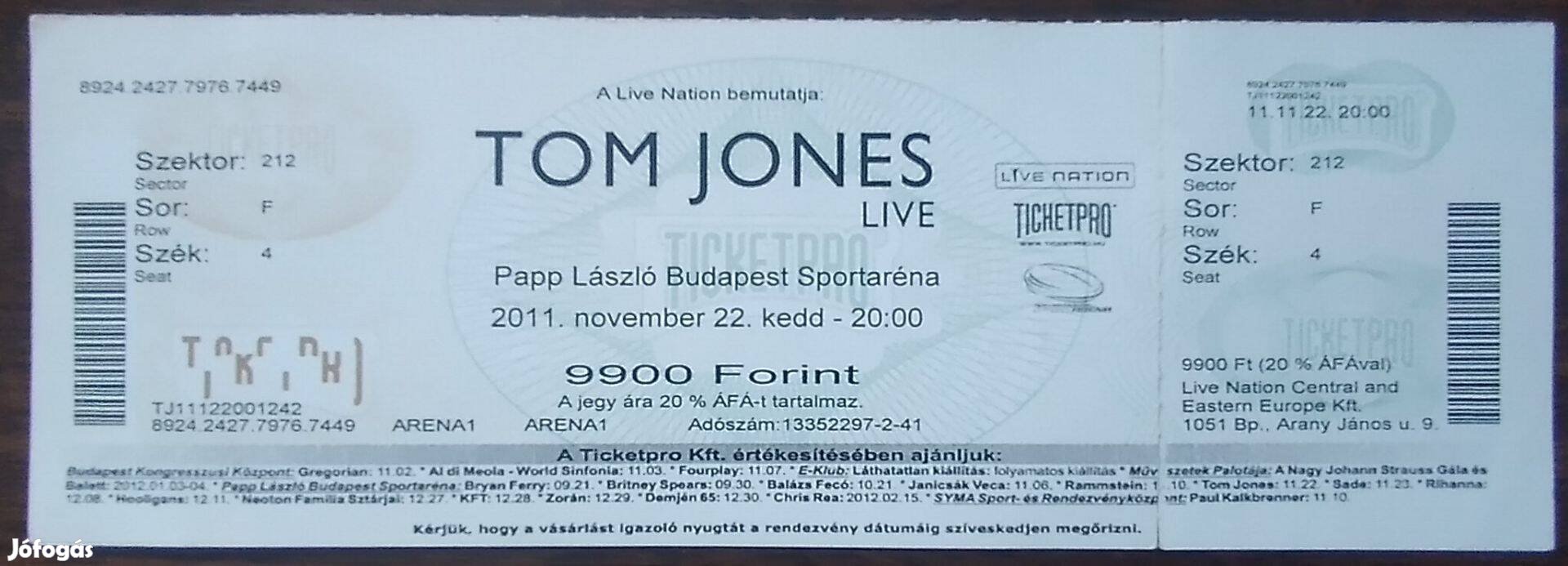 Tom Jones koncertjegy - Budapest, 2011