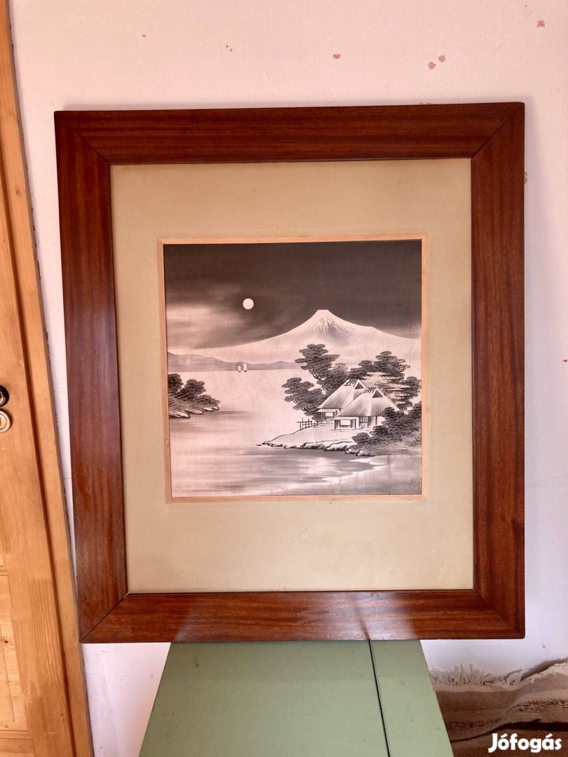 Tömörfa képkeret 103x88cm, régi selyem képpel