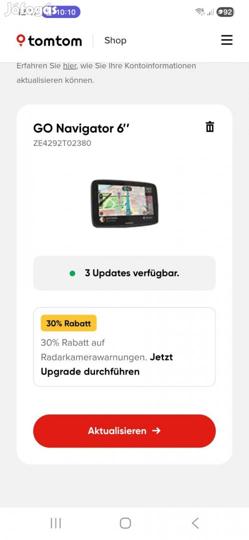 Tomtom Go Navigator 6, Europa térkép, tartótöltő