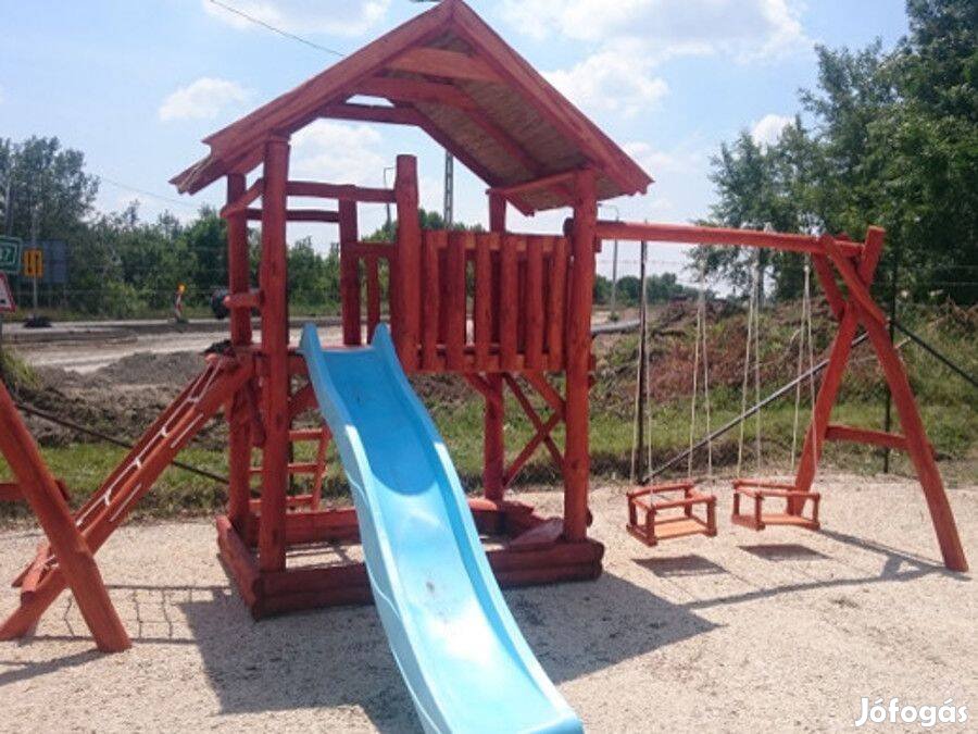 Tornyos hintaállvány nádtetős, csúszdás ,2 hintával