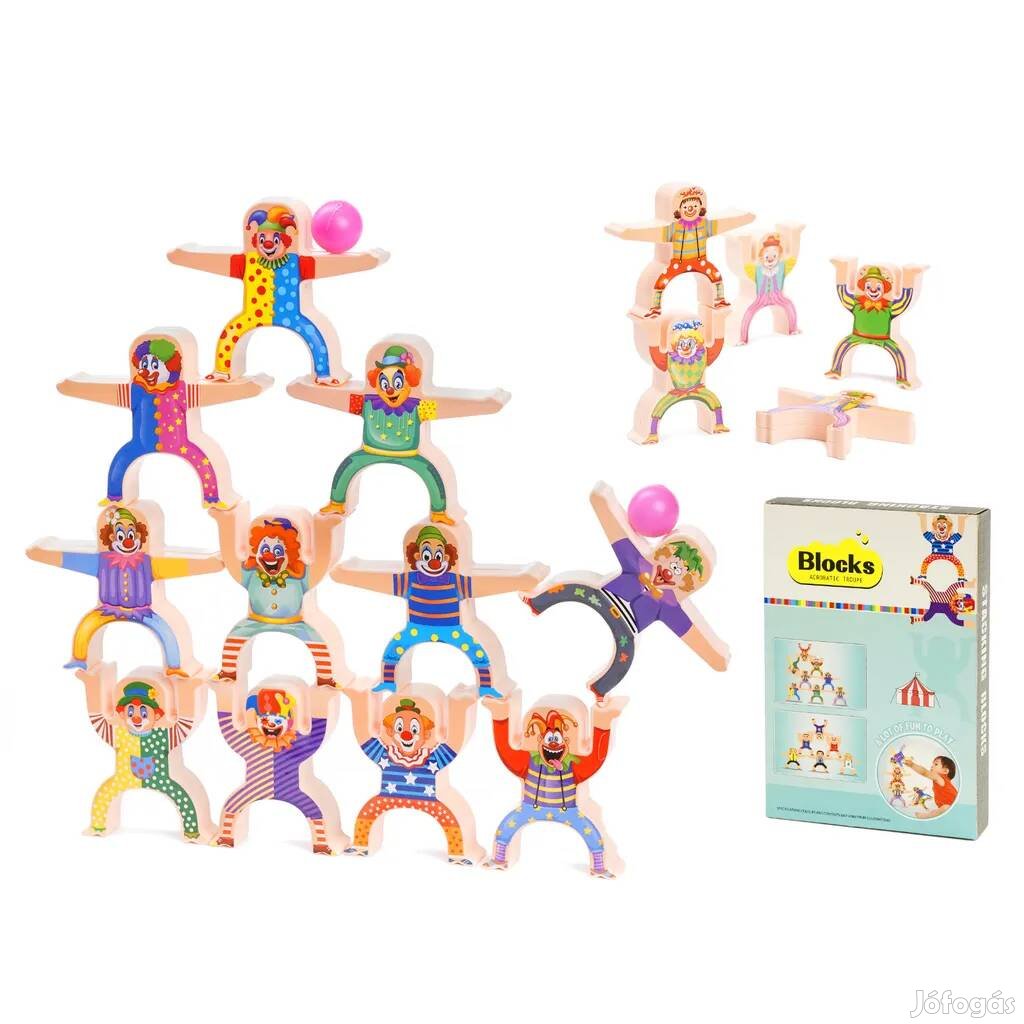 Toronyépítő ügyességi játék, egyensúlyozó bohócok, 18 elem
