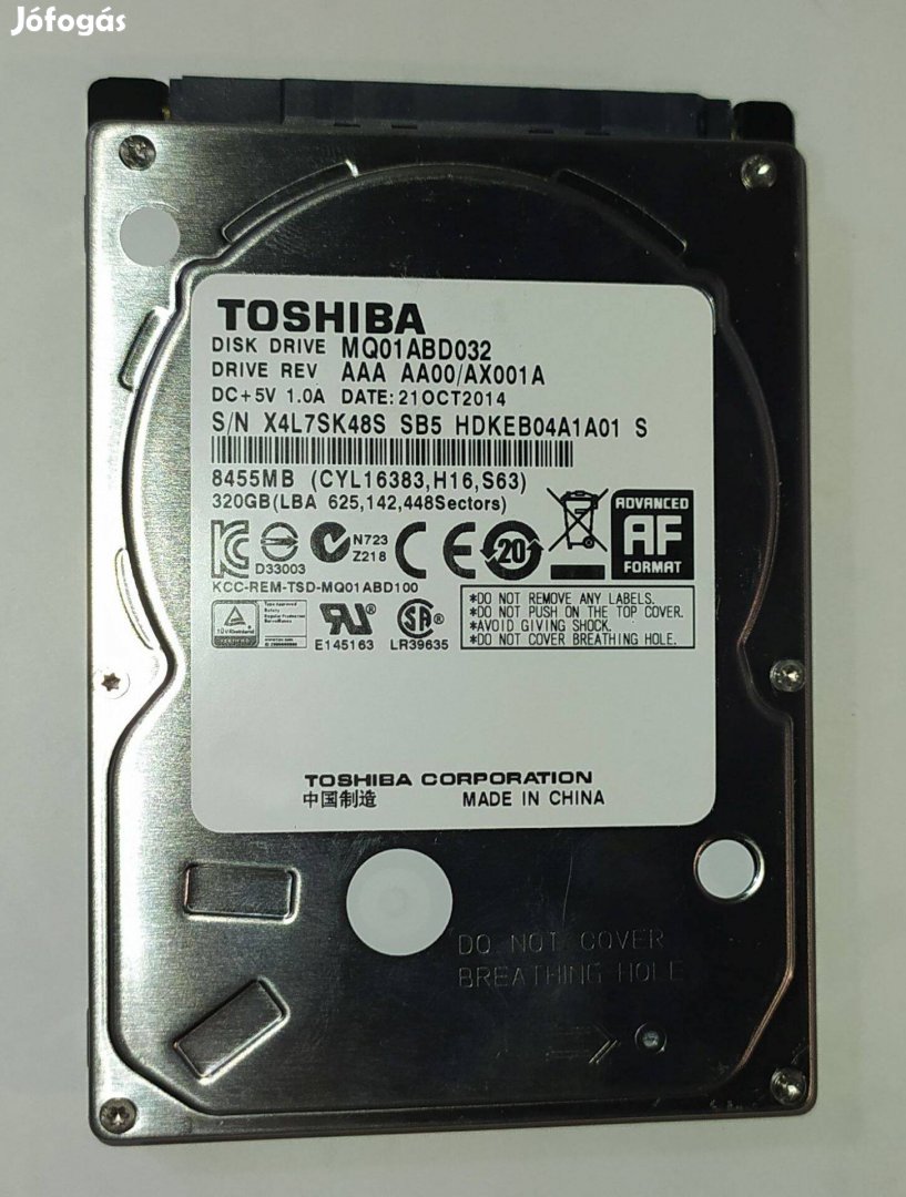 Toshiba 320GB laptop / notebook HDD merevlemez SATA 2.5" 100/100 #K48S