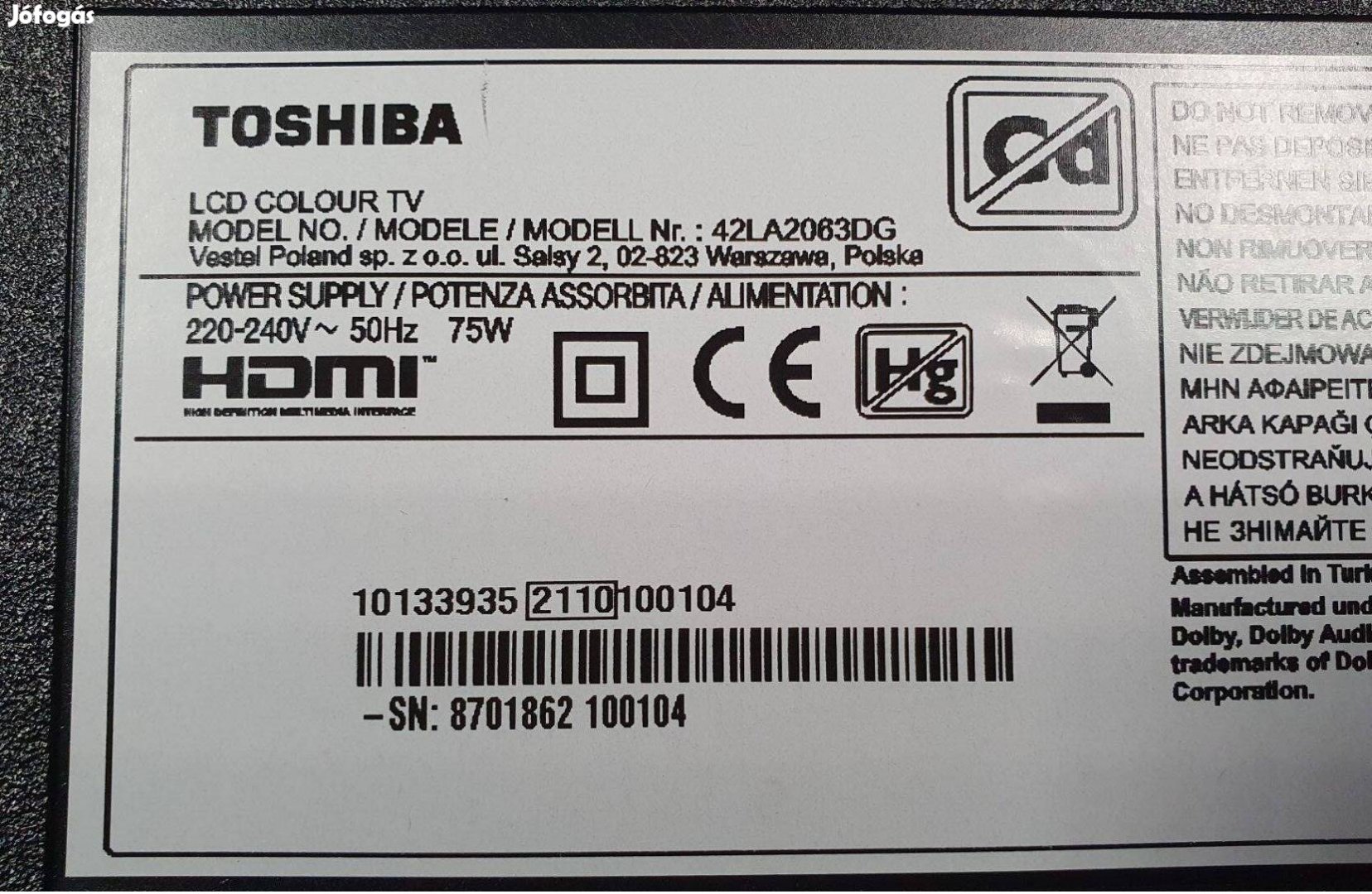 Toshiba 42LA2063DG Andoid LED LCD tv hibás törött alkatrésznek
