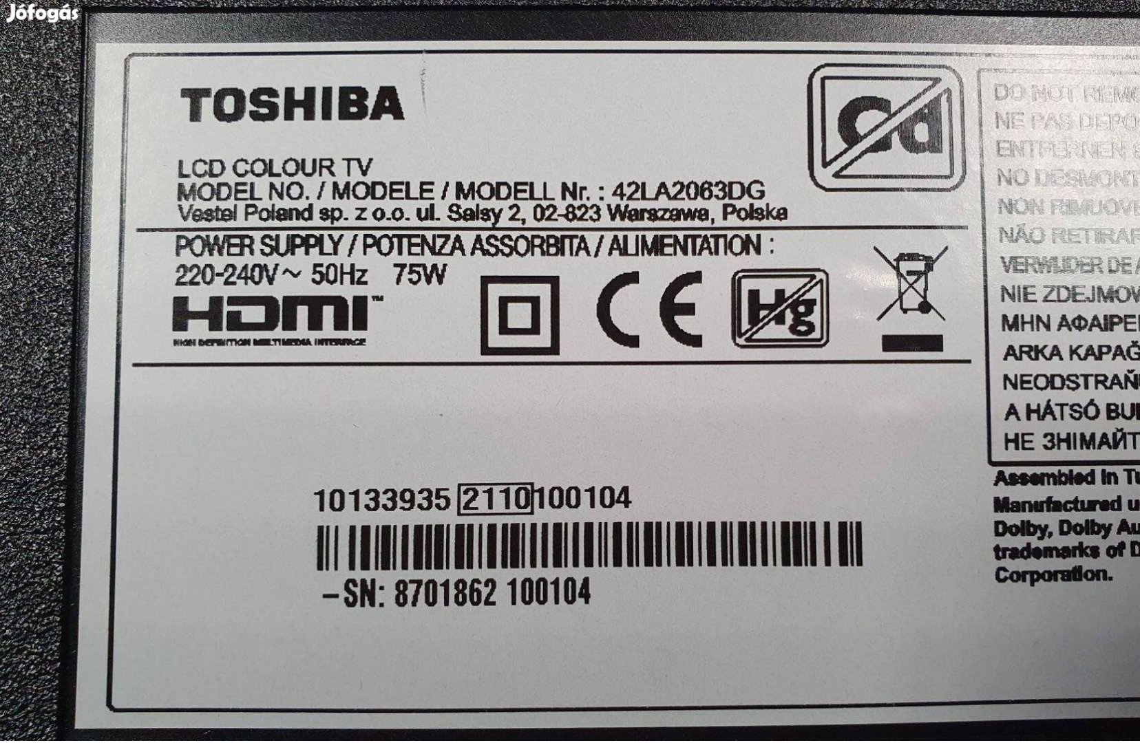 Toshiba 42LA2063DG Andoid LED LCD tv hibás törött alkatrésznek