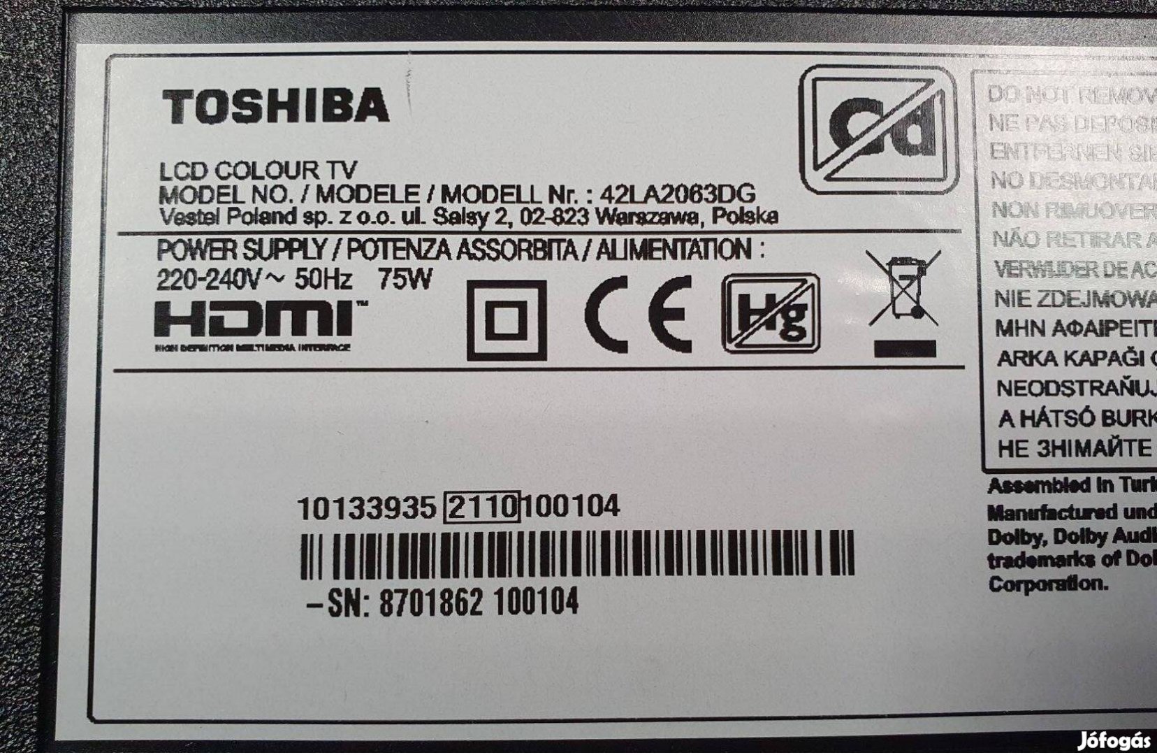 Toshiba 42LA2063DG Andoid LED LCD tv hibás törött alkatrésznek