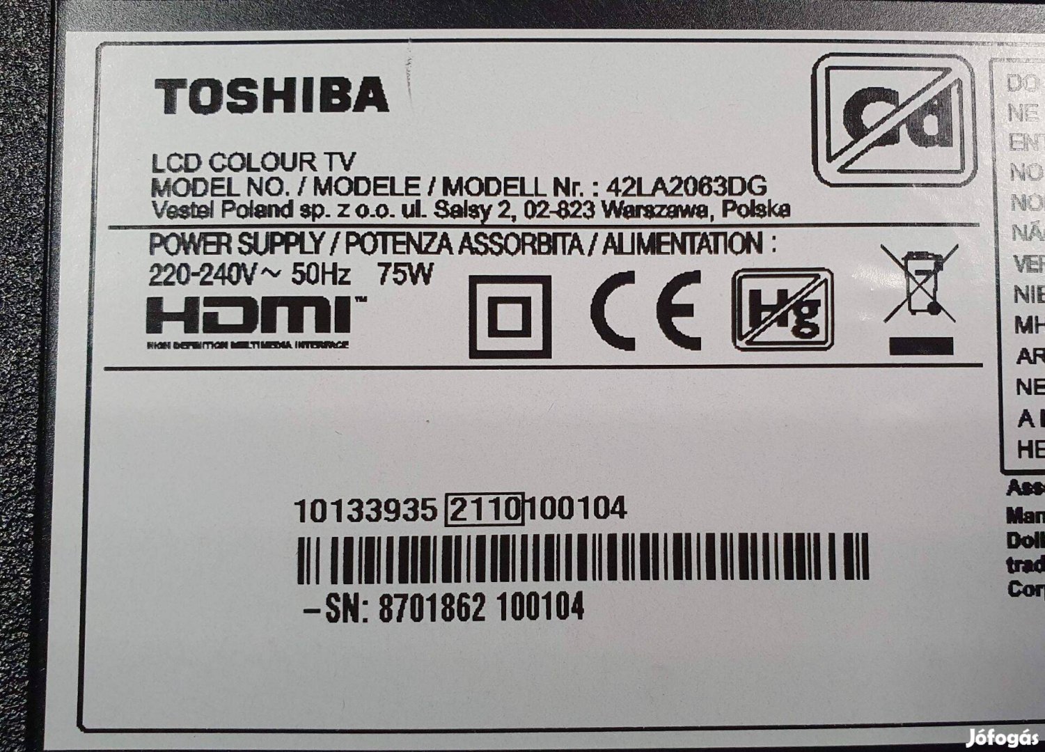 Toshiba 42LA2063 LED tv talp párban