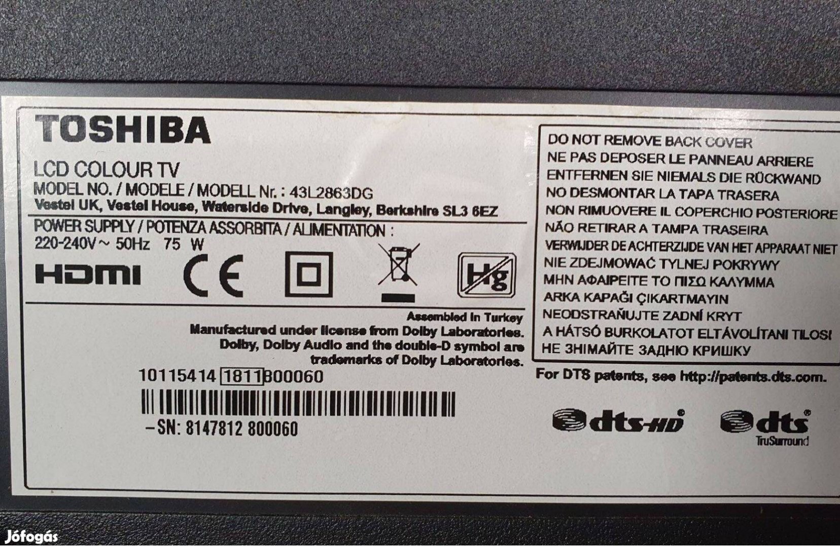 Toshiba 43L2863DG Smart LED LCD tv alkatrésznek mainboard elkelt