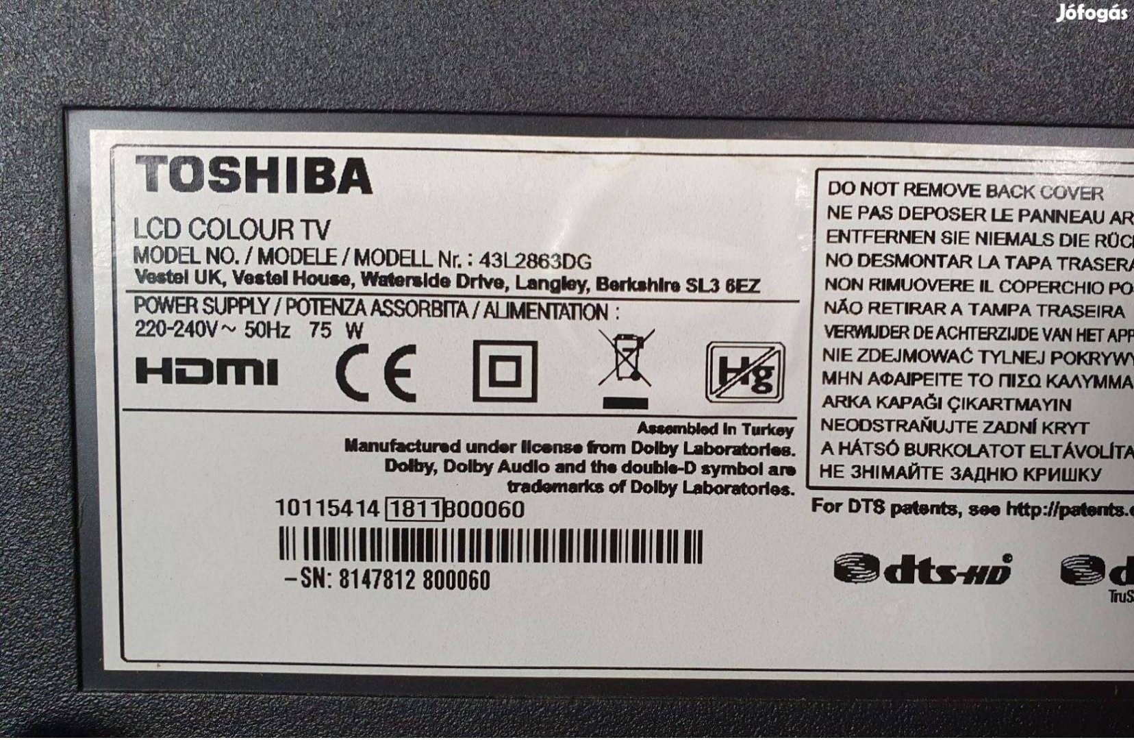 Toshiba 43L2863DG Smart LED LCD tv alkatrésznek mainboard elkelt