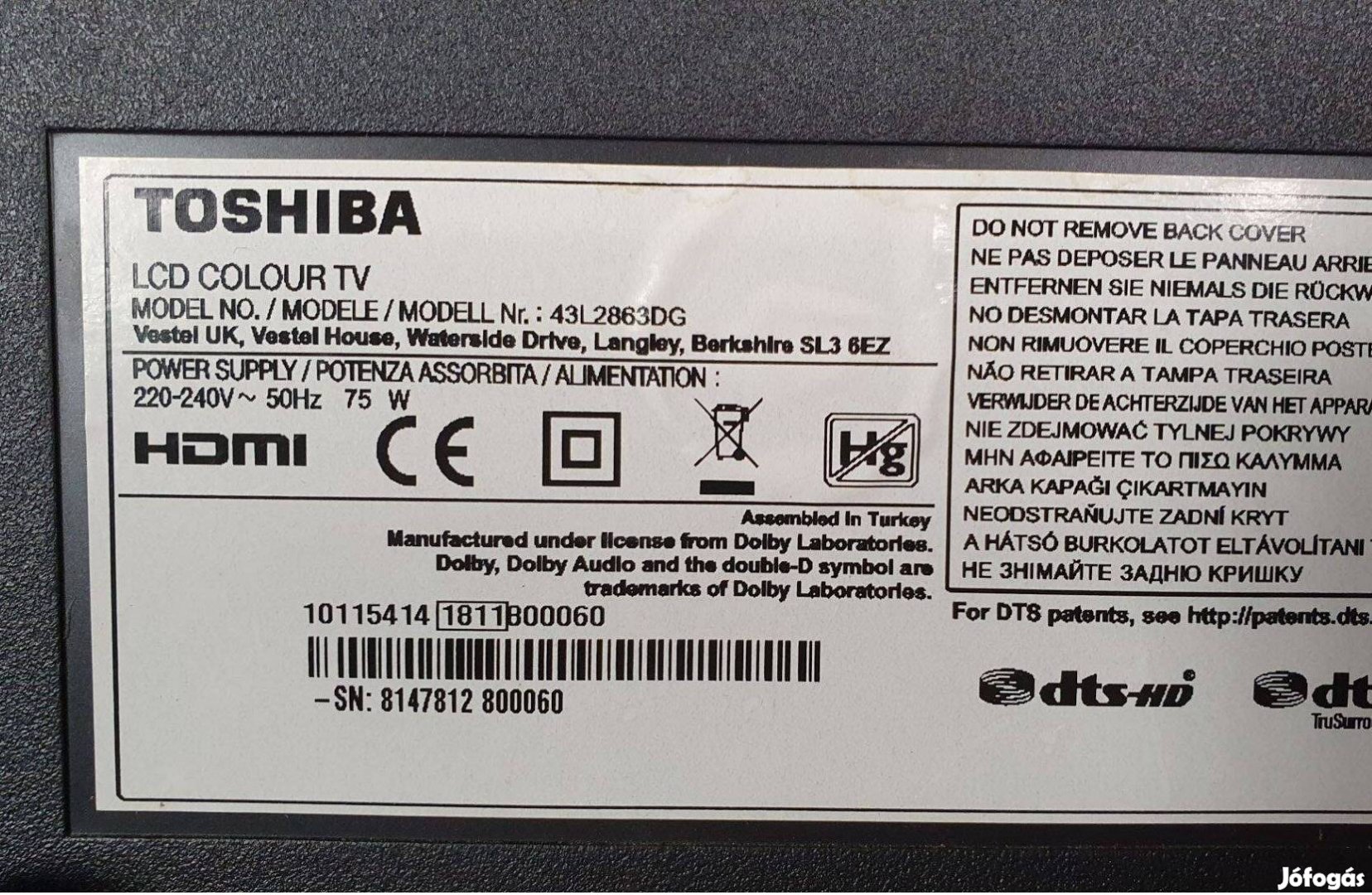 Toshiba 43L2863DG Smart LED LCD tv hibás törött alkatrésznek