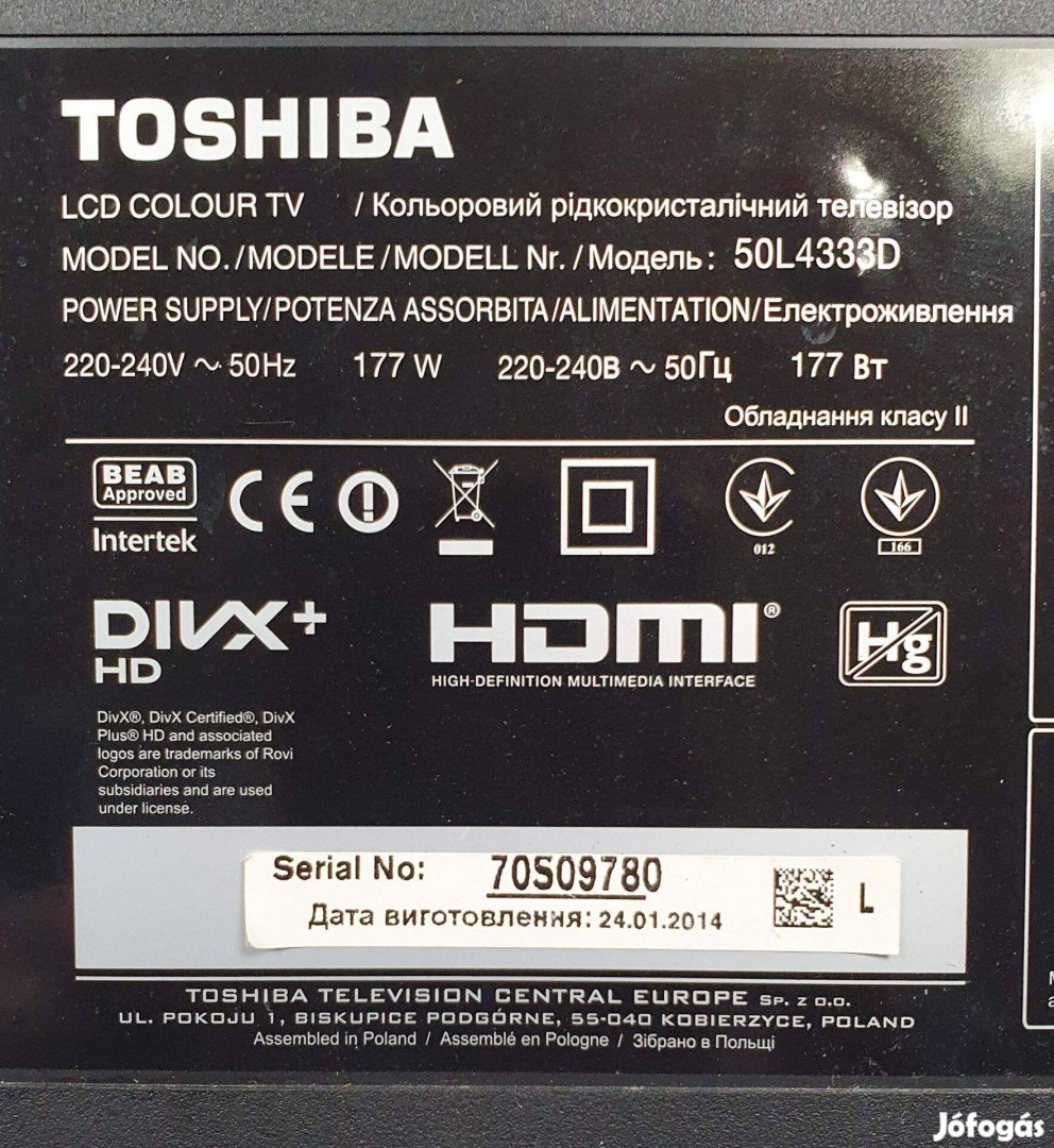 Toshiba 50L4333D Smart LED LCD tv hibás törött alkatrésznek LC500DUE