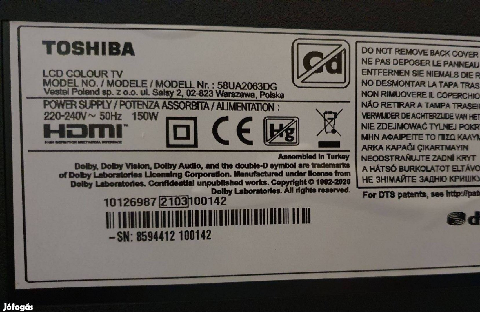Toshiba 58UA2063DG Smart 4k UHD LED LCD tv hibás törött alkatrésznek