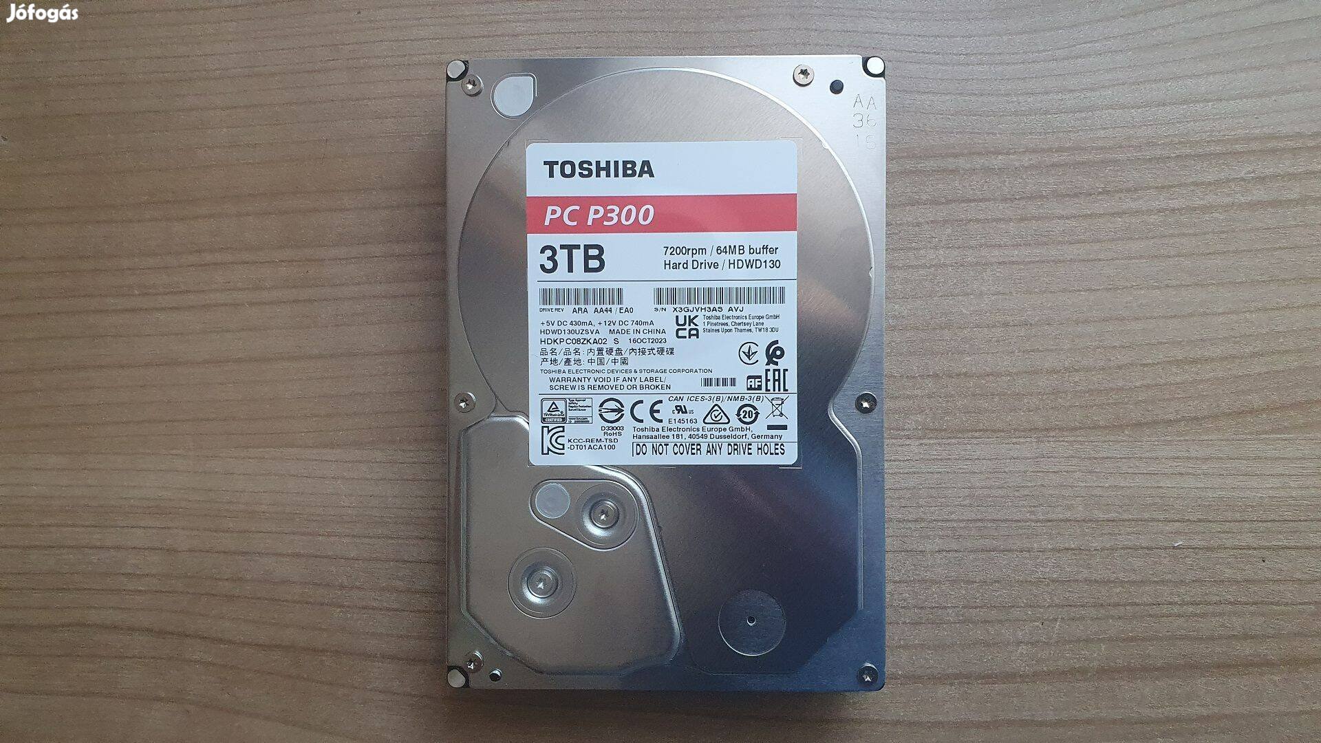 Toshiba P300 3TB Hdwd130 3,5" HDD, 1.5 év garanciás