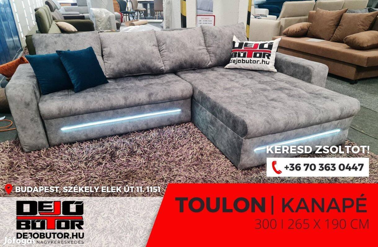 Toulon LED párnás kanapé ülőgarnitúra 265x190 cm ágyazható sarok