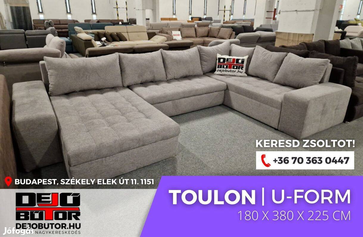 Toulon sarok szürke kanapé ülőgarnitúra 180x225x380 cm ágyazható ualak