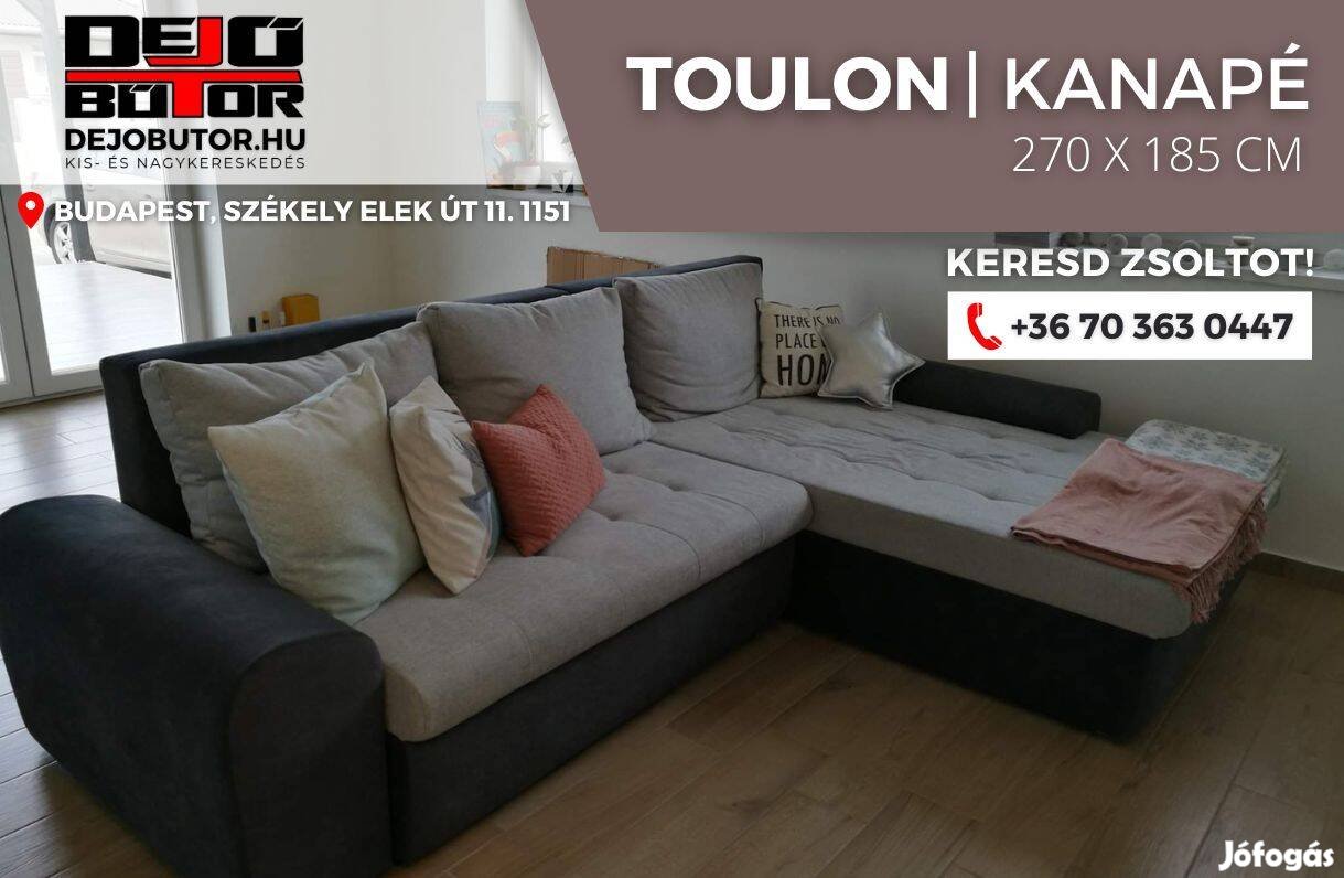 Toulon szürke sarok prémium kanapé ülőgarnitúra 270x185 cm ágyazható