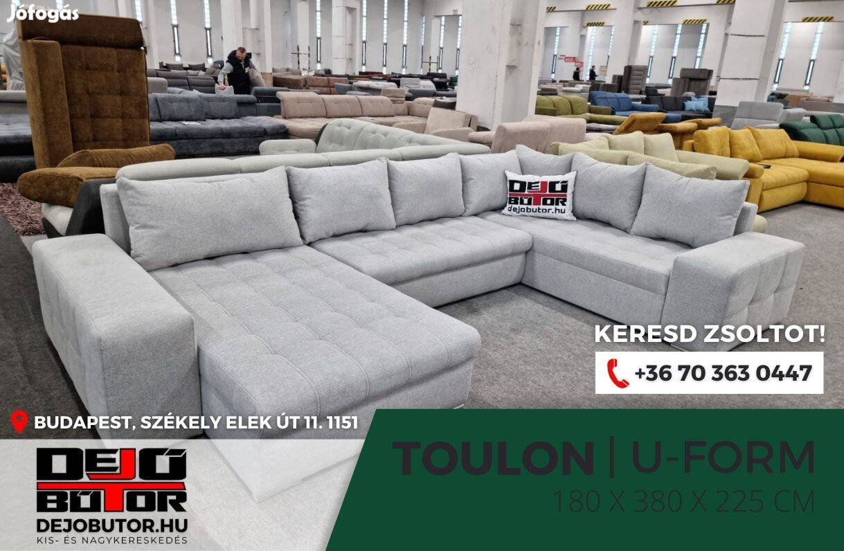 Toulon ualak szürke kanapé sarok ülőgarnitúra 180x380x225 cm ágyazható