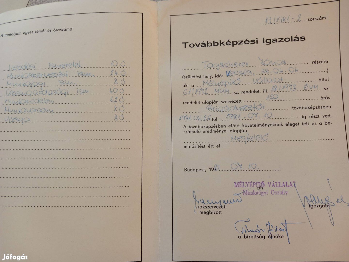 Továbbképzési Igazolás 1981