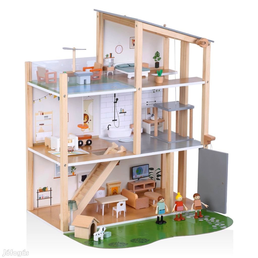 Toy Lino 3 szintes 74 részes XXL fa babaház, 61 x 74 x 56 cm elektrom