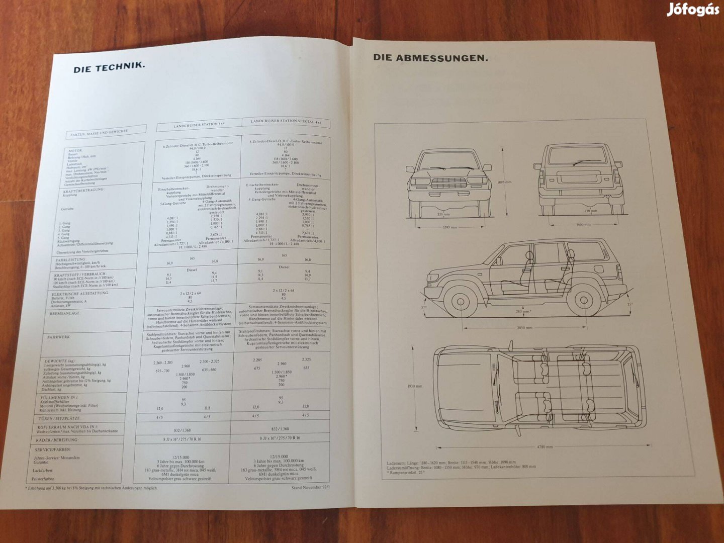Toyota Landcruiser 4X4 Technikai Adatok Prospektus 1992