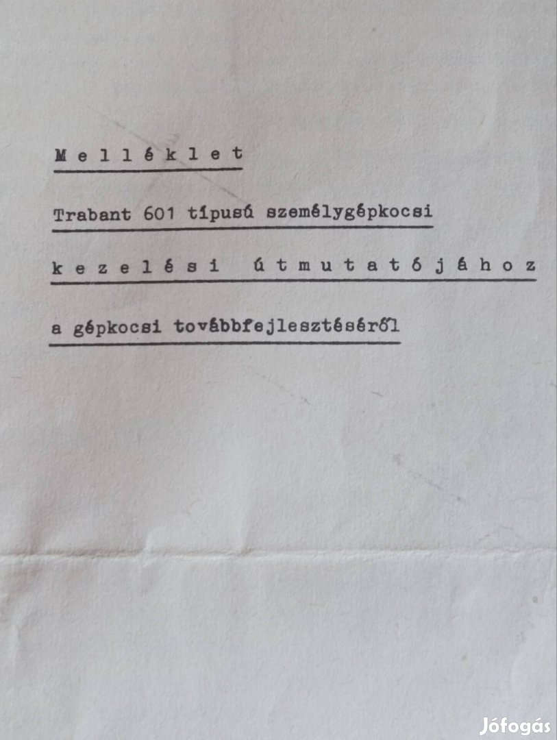 Trabant kezelési útmutató meléklet eladó