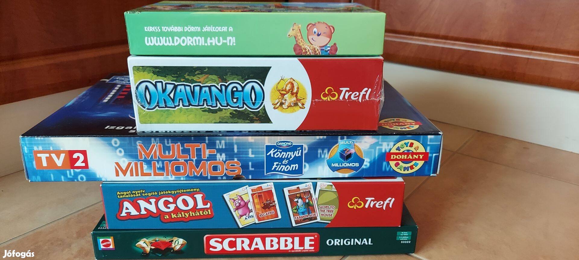 Treffl, Dörmi, Multimilliomos, Scrabble társasjátékok + Fiskars kés