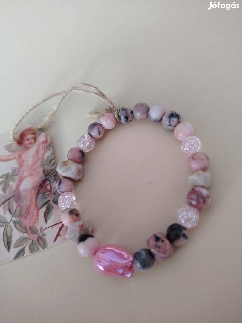 Tulipán medálos rózsaszín ásvány karkötő női ajándék