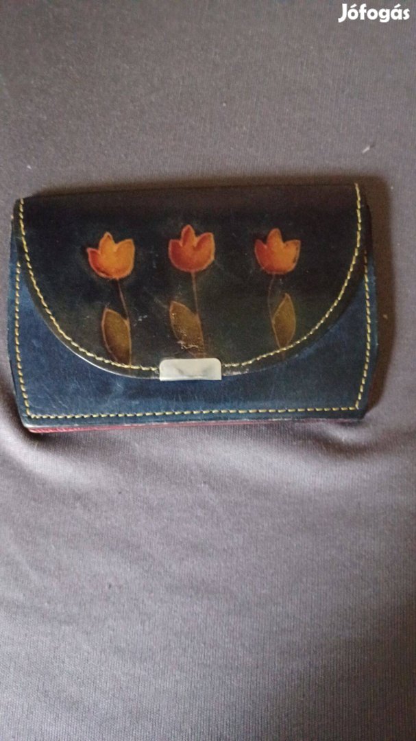 Tulipános kisalakú kézműves női bőr pénztárca