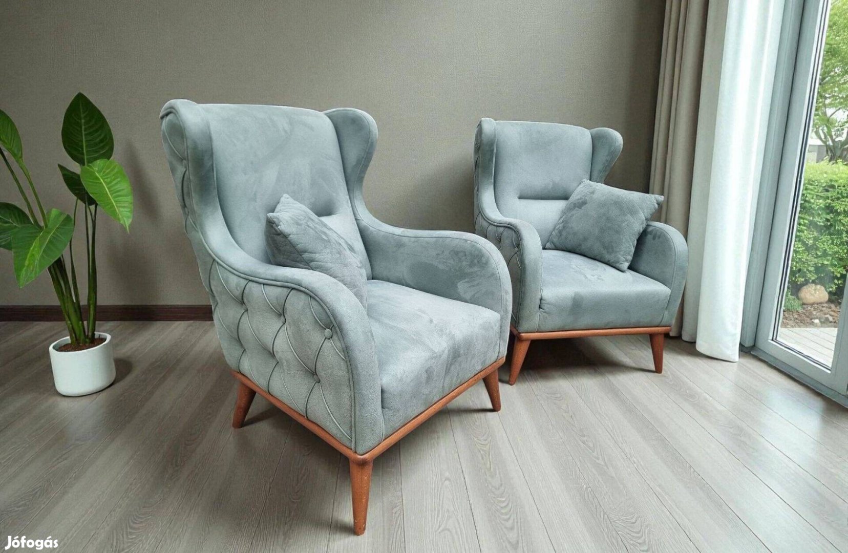 Türkiz-zöld gombtűzött chesterfield stílusú fotel pár