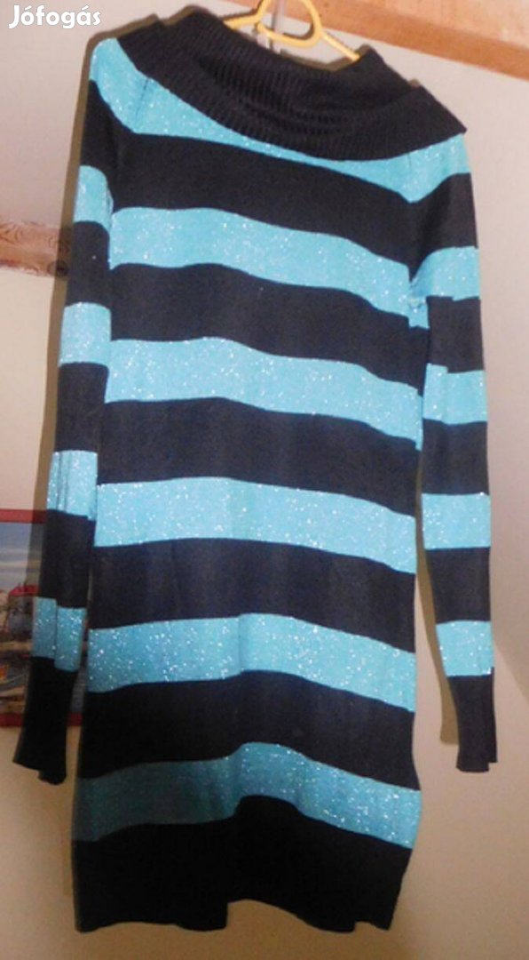 Türkizkék-fekete csillogó tunika pulóver laza garbó nyakkal