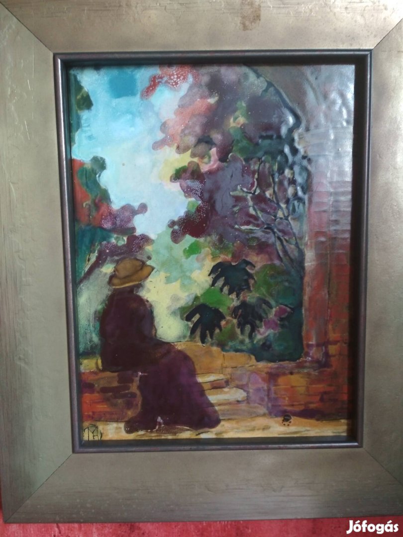 Tűzzománc 15x20 cm Fehér Margit Alkotása Bp.IV.