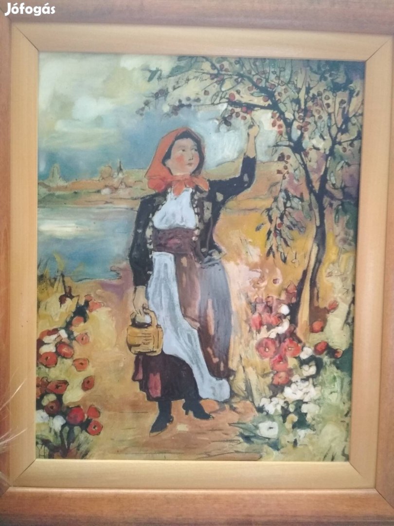 Tűzzománc Kép: Fehér Margit Cseresznyeszedés gyönyörű Bp.IV. 