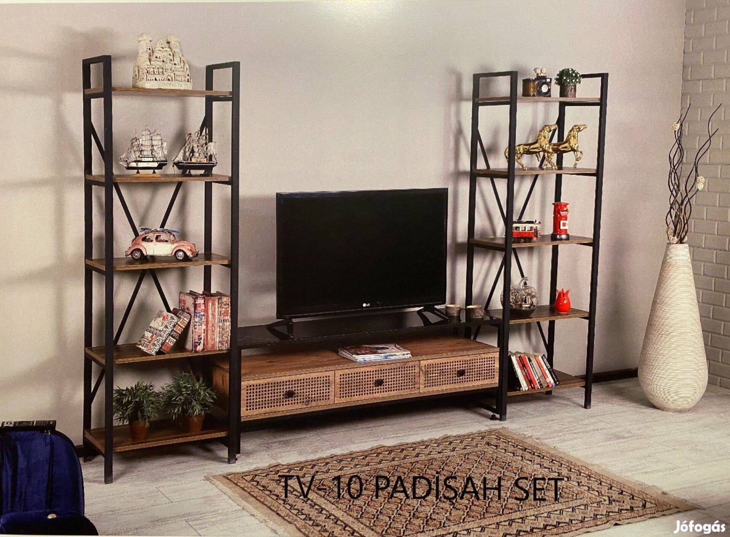 Tv állvány polcokkal - loft jellegű, fém és fa kombináció