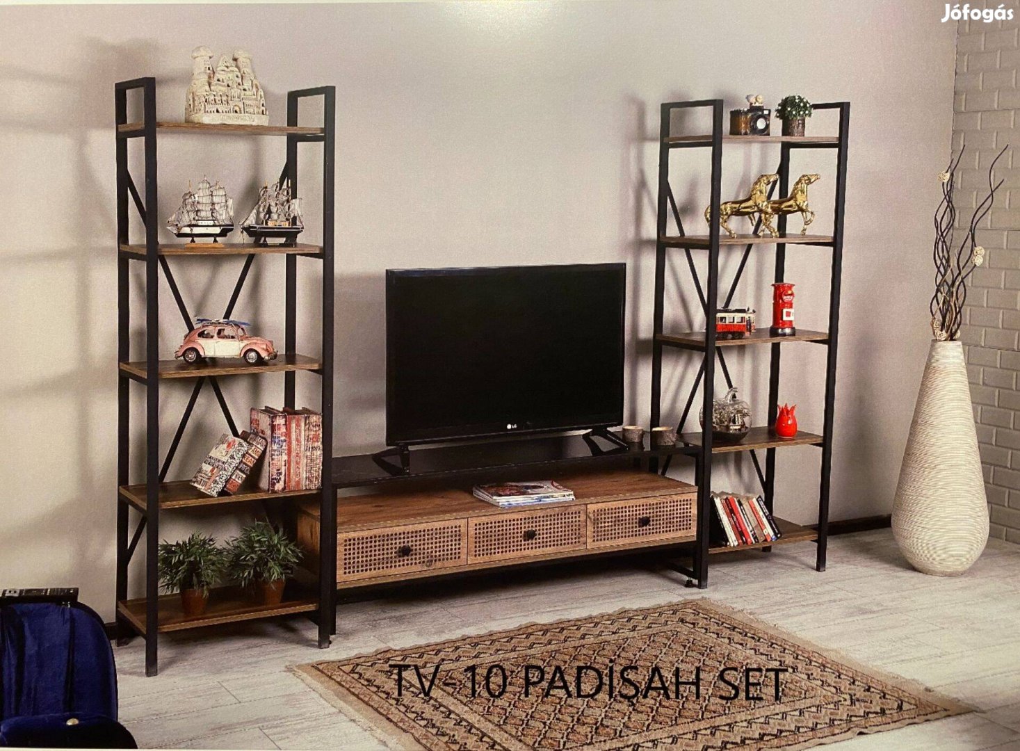 Tv állványrendszer polcokkal - loft jellegű, fém és fa kombináció