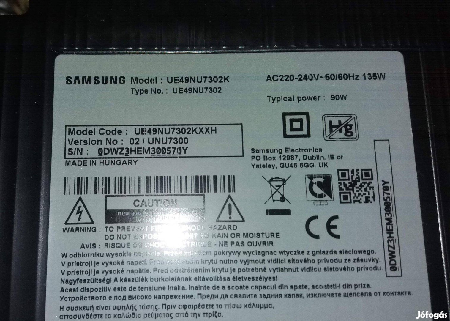 UE49NU7302K LED tv (ívelt) hibás törött UE49NU7302 mainboard elkelt