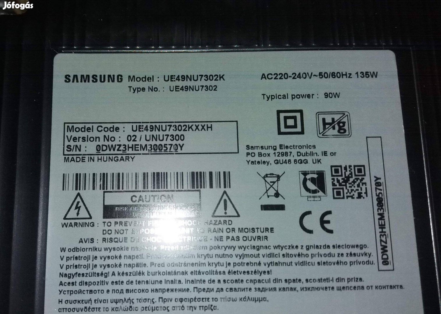 UE49NU7302K LED tv (ívelt) hibás törött UE49NU7302 mainboard elkelt
