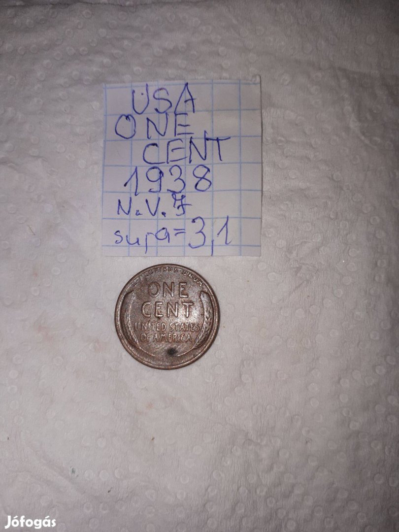 USA 1 cent 1938 ritka Nincs verdejel."N.V.J
