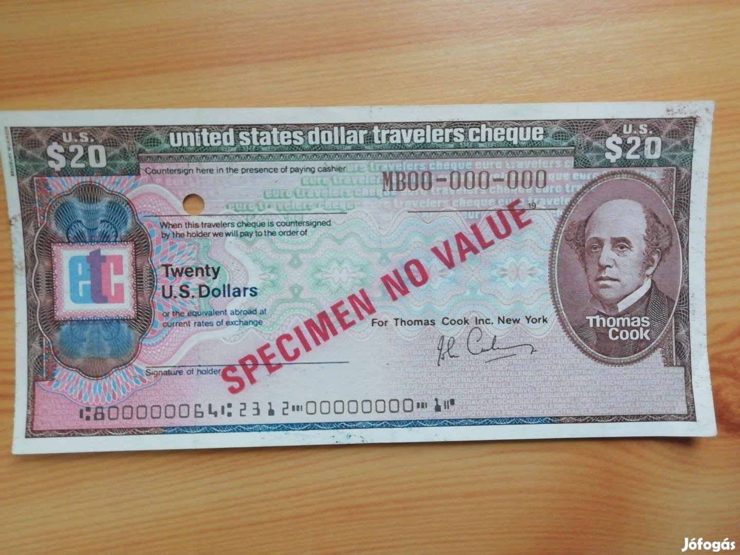 USA 20 dolláros utazási csek minta bankjegye