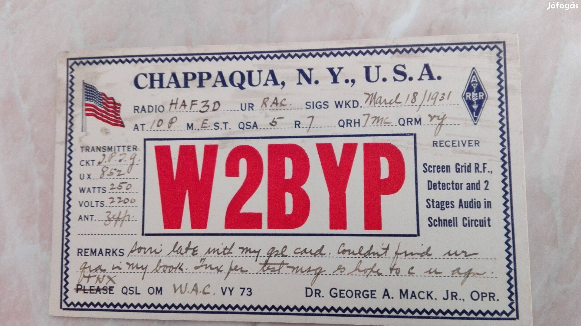 USA Rádió Telegram lap1931-es Magyarországra Ritka db