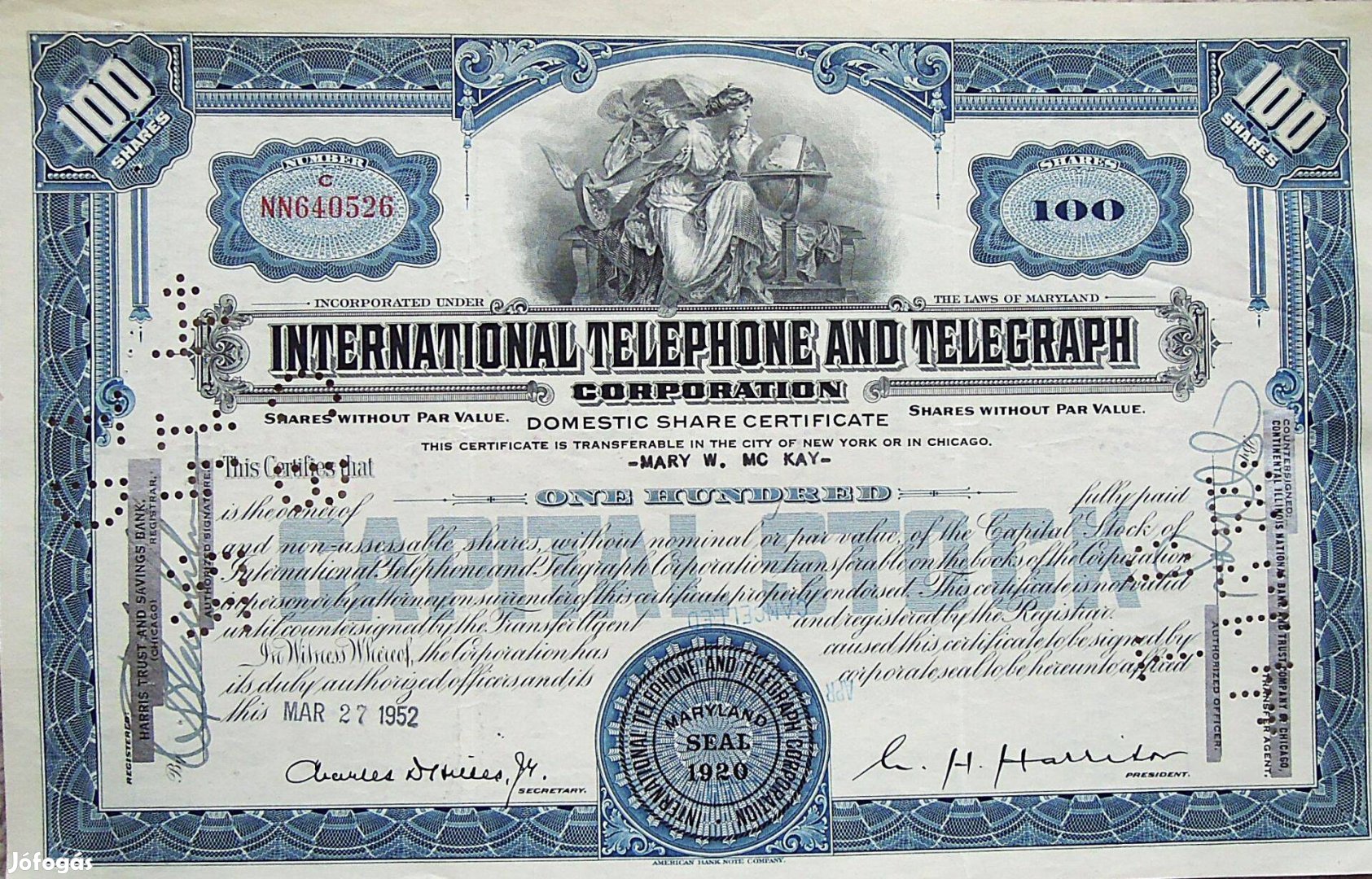 USA retro részvény 1952 ITT International Telephone